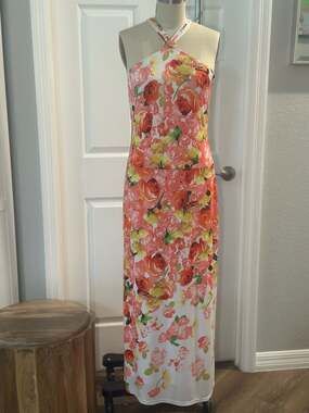 Cache Floral Halter Neck Cross-Back Maxi Dress Y2K Vintage Summer Beach Vacation